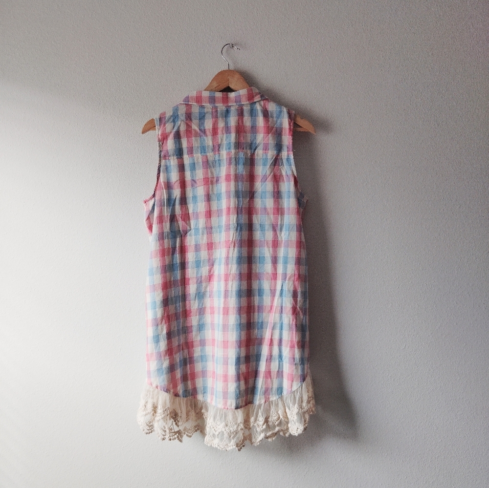 Hayden Colorful Plaid Sleeveless Dress with Lace Hem - Picture 2 of 5